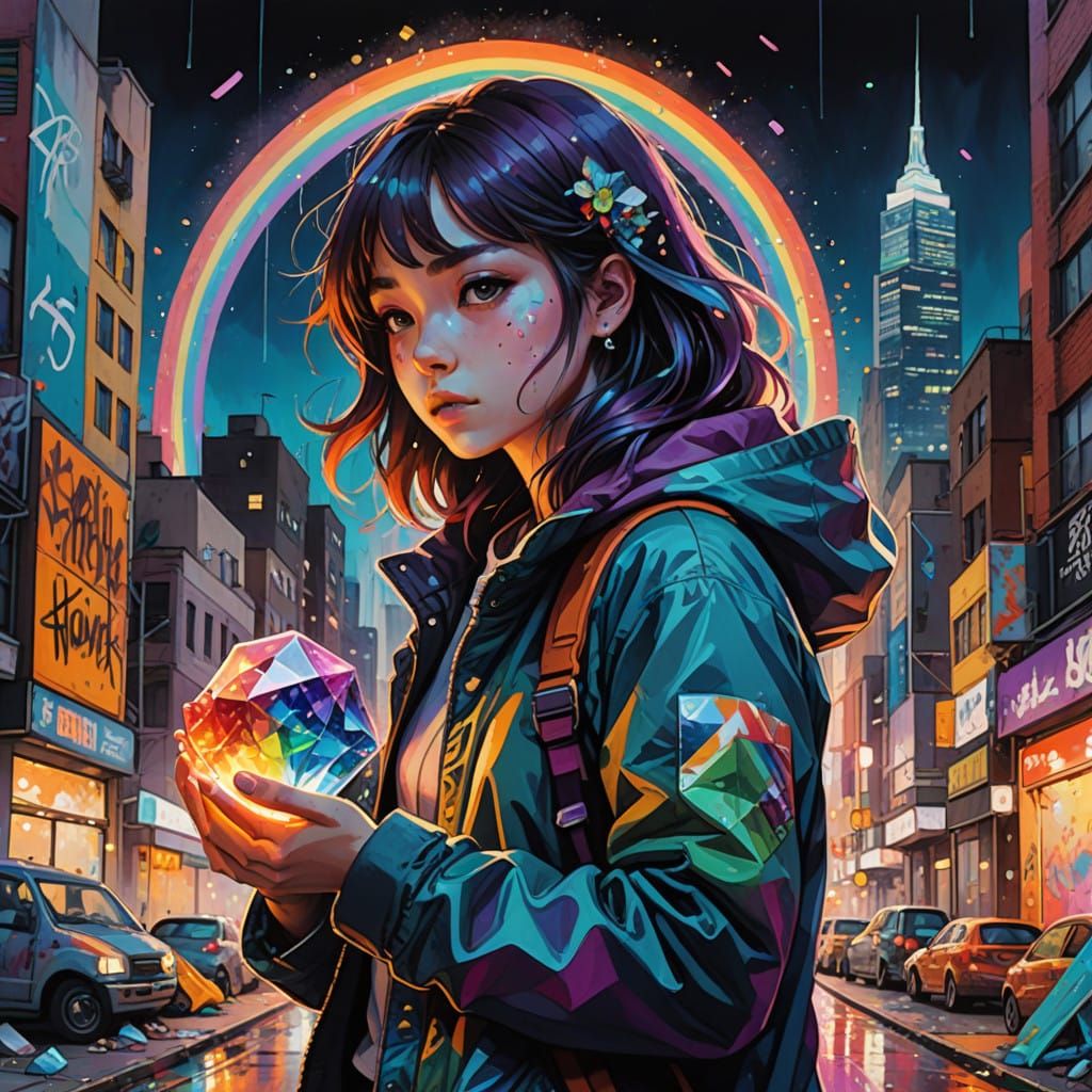 Anime Girl Among Rainbow Crystals in Urban Wonderland