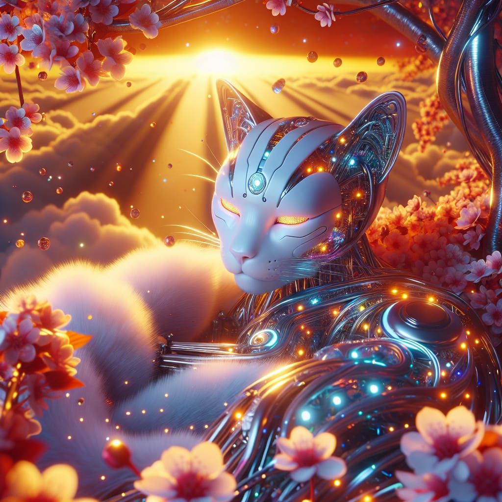 Cyborg Cat in Alien Cherry Tree: A Futuristic Vision