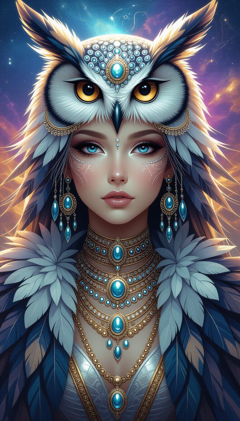 Ethereal Owl-Human Hybrid in Cosmic Setting