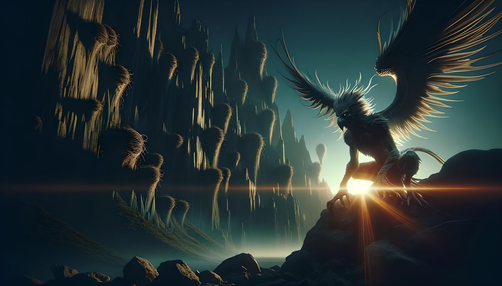 Dramatic Harpy Colony at Night, Cinematic Rendering