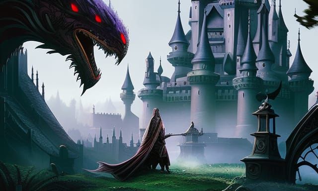 Fantasy Castle Guarded by Dragon in Disney Style
