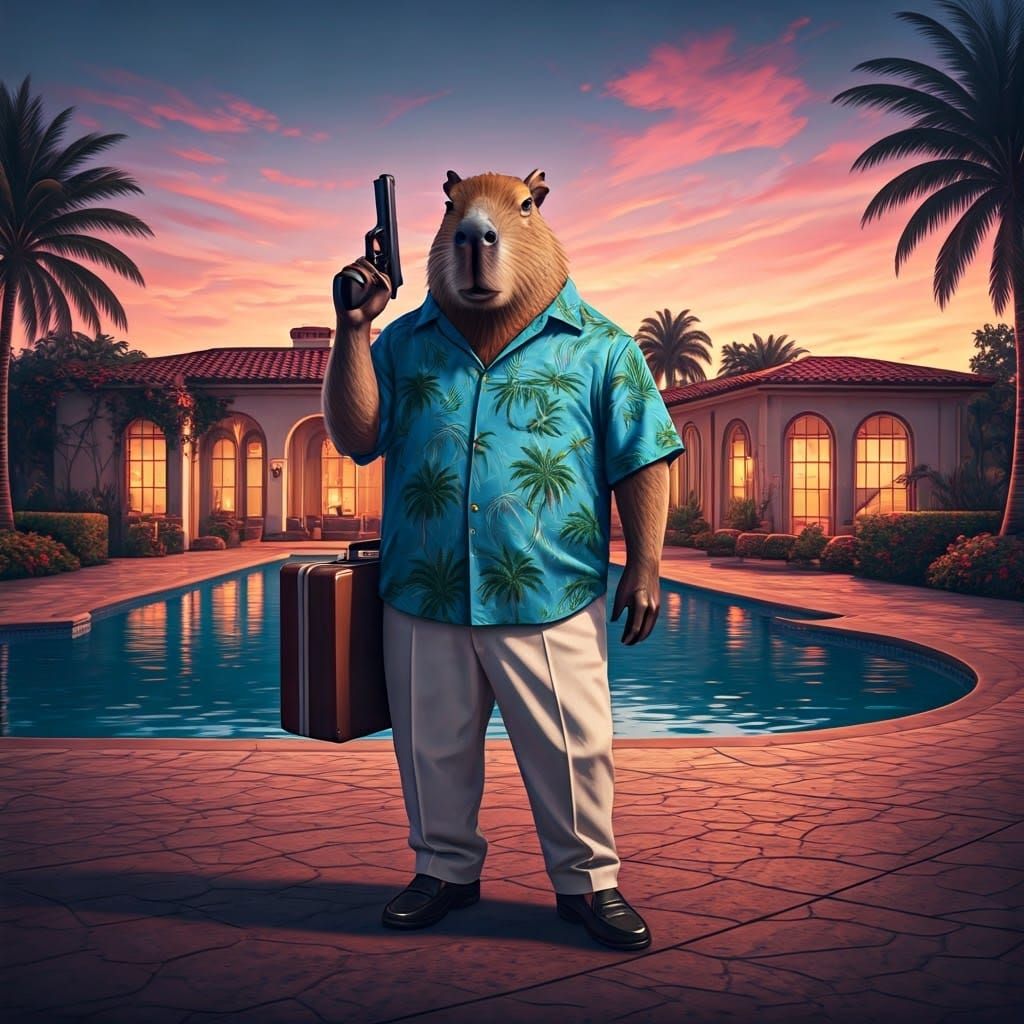 Swaggy Capybara as Tommy Vercetti in Vibrant Hawaiian Shirts