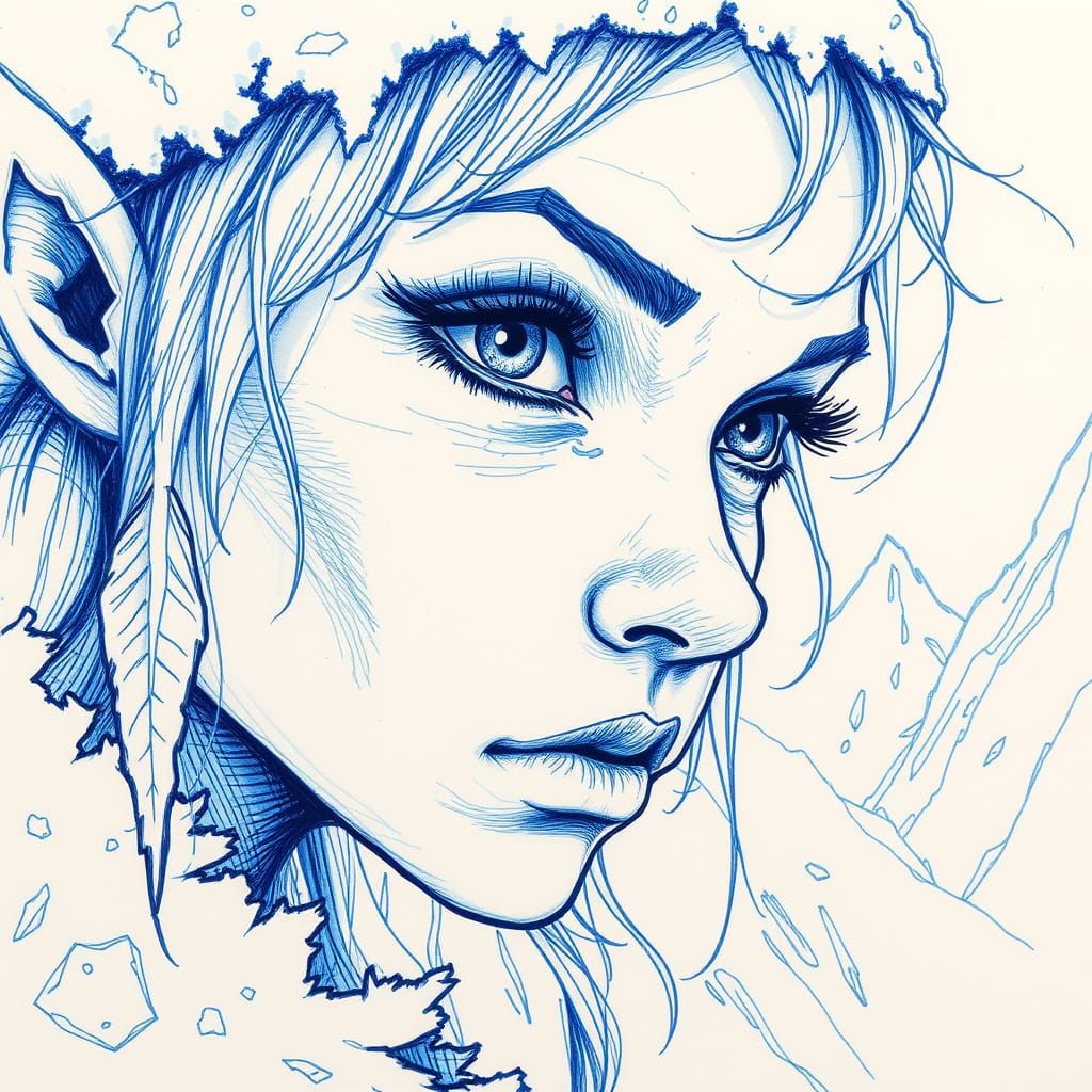 Monochromatic Blue Ballpoint Portrait of an Icy Winter Elf