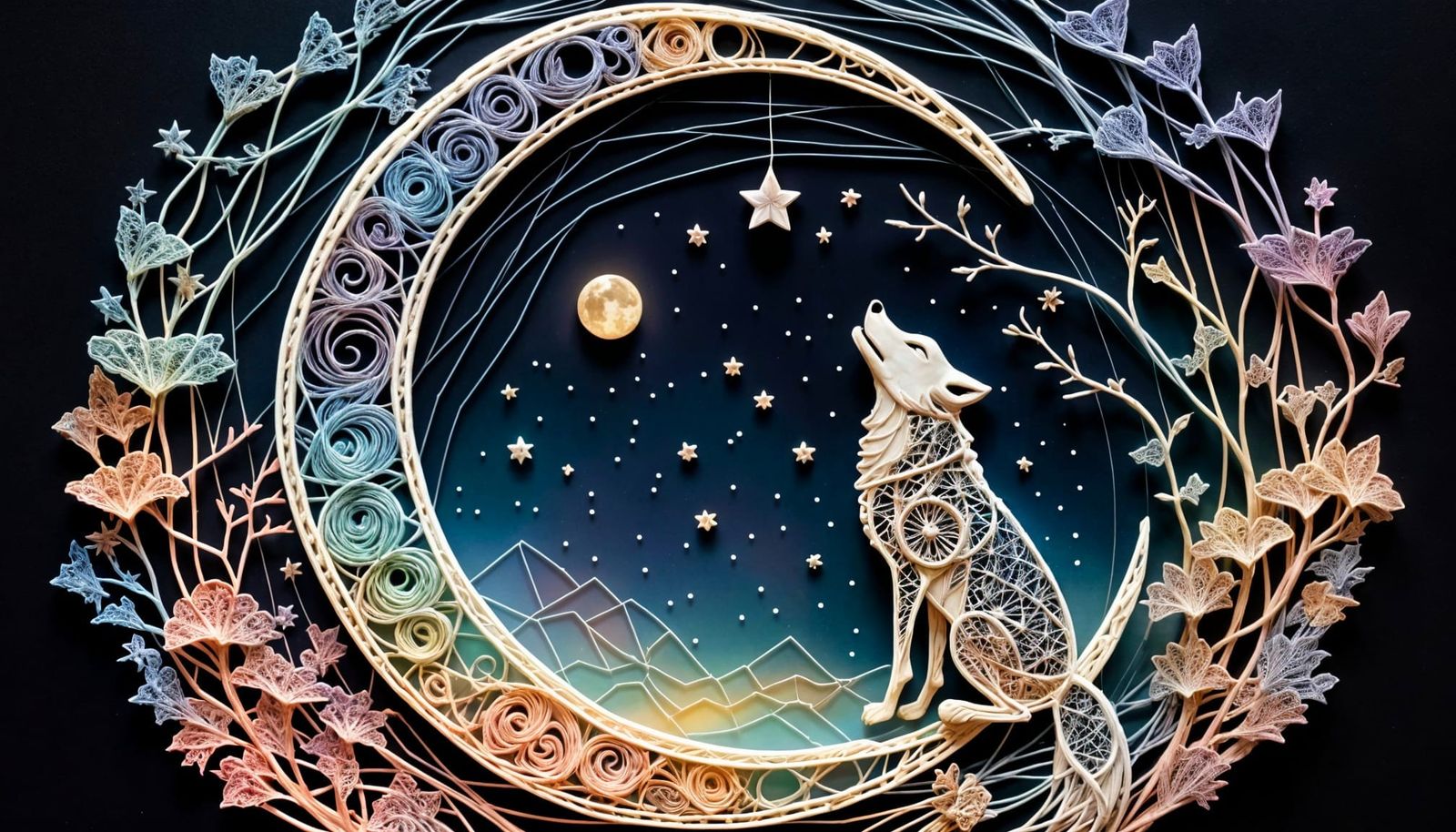 Crescent Moon String Art with Wolf, Art Nouveau