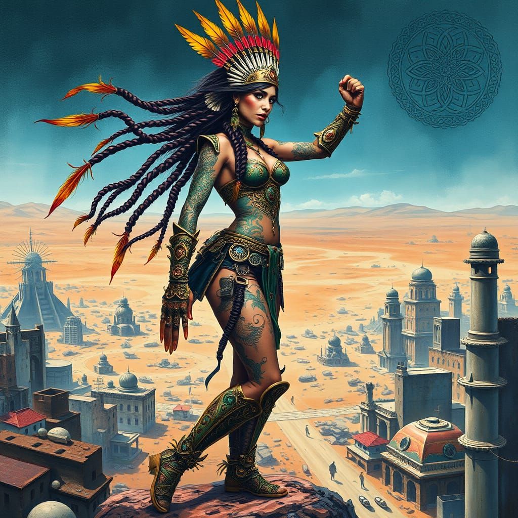 Latina Warrioress in Post-Apocalyptic Landscape as Surreal A...