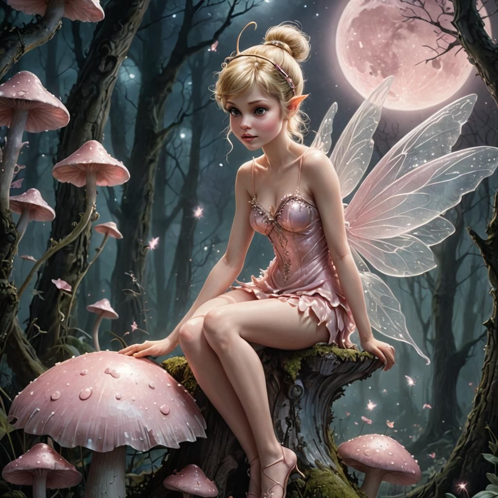 Pink Tinkerbell Fairy in Moonlit Forest: Ethereal Art
