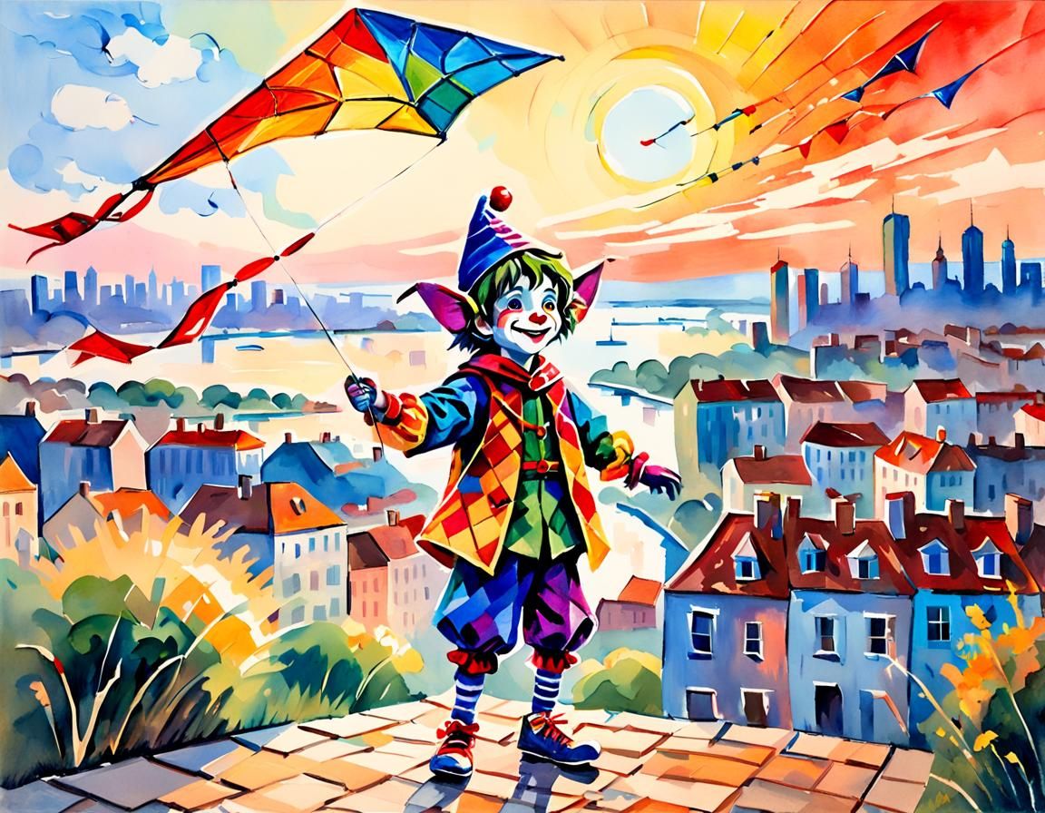 Jester with Kite at Sunrise: Gouache Impressionist Style