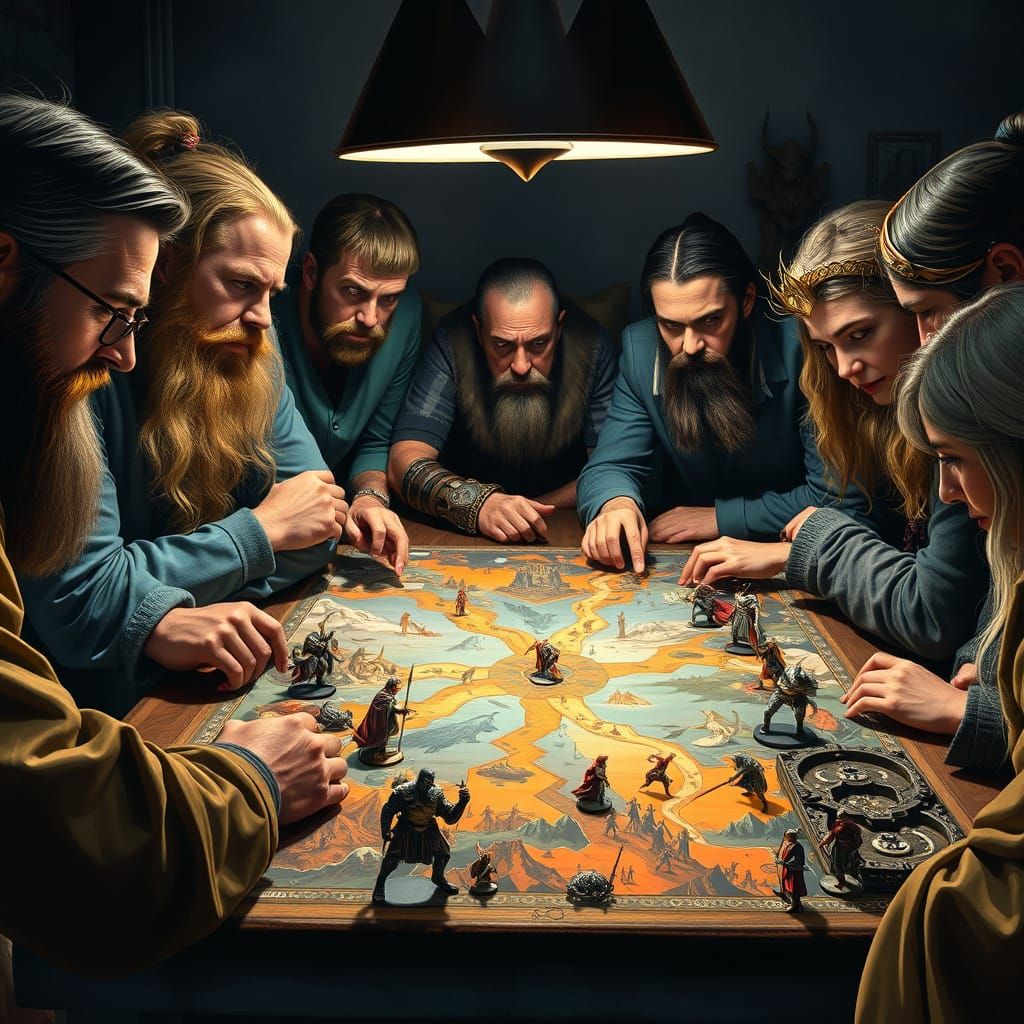 Adults Play Ragnarok Board Game in Dark Fantasy Style