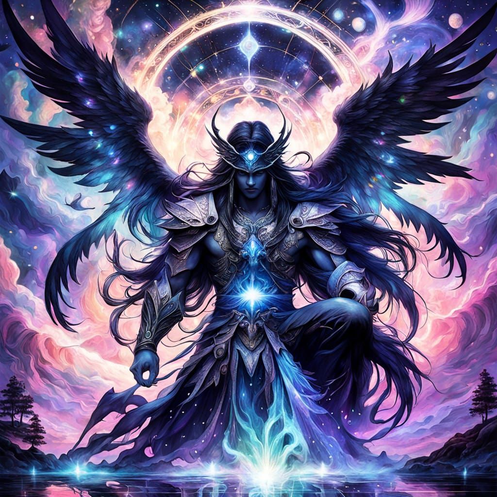 Ethereal Dark Angel in Cosmic Dreamscape