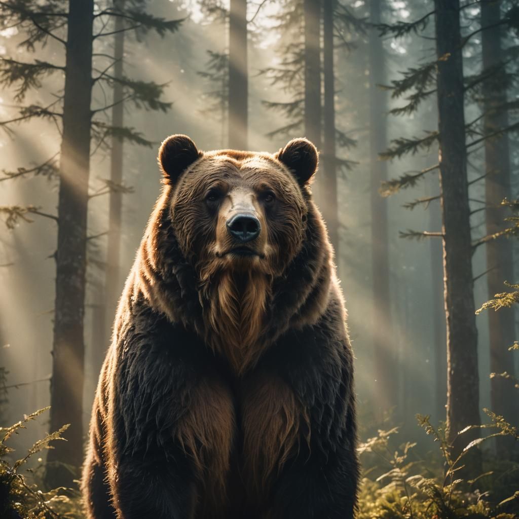 Majestic Bear in Misty Forest, Cinematic Still