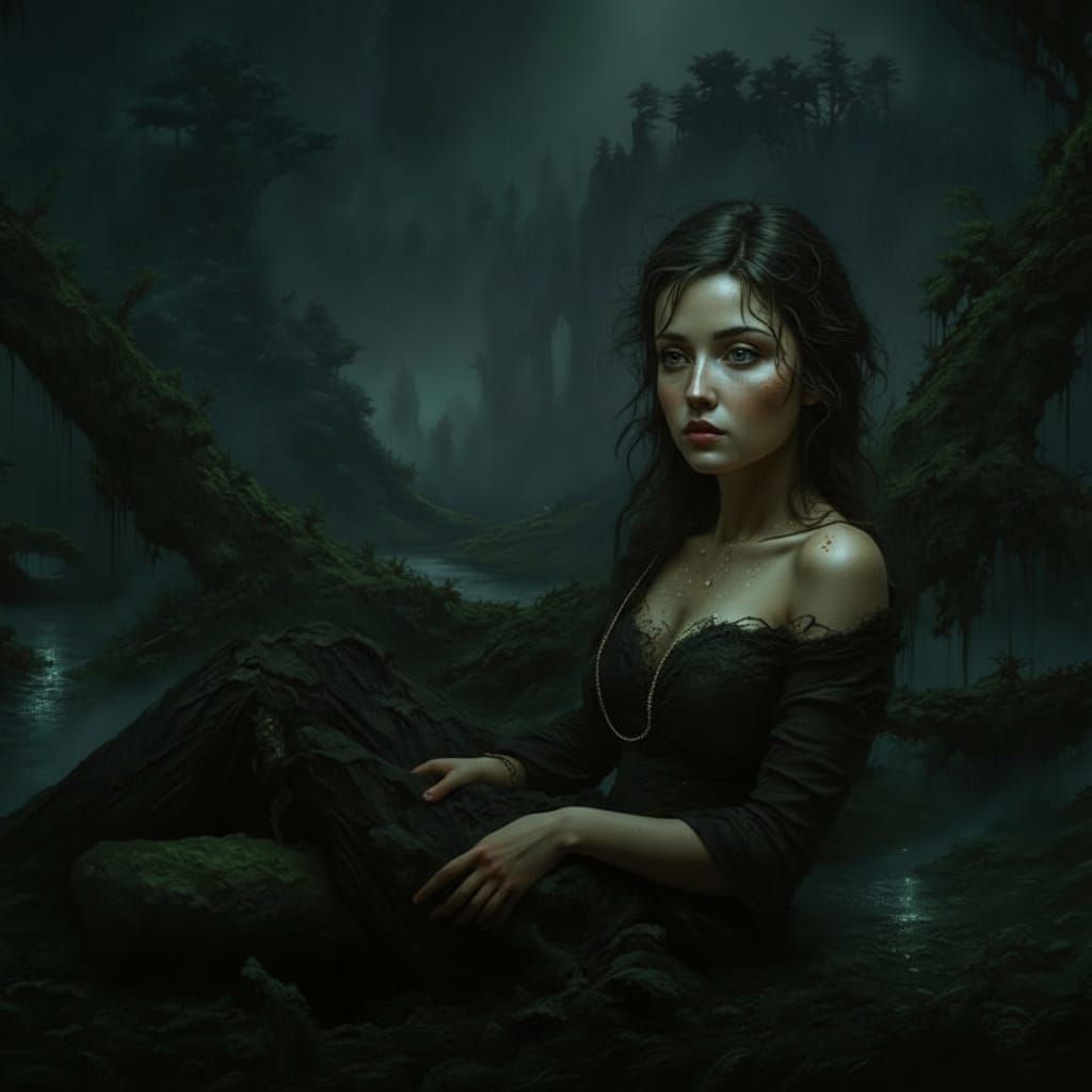 Dark Fantasy Woman Defying Time in Swamp Dream