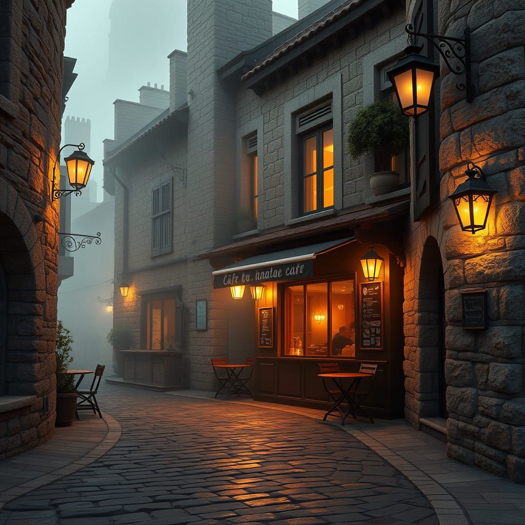 Medieval-Inspired Cafe in a Bustling Cobblestone Street Scen...