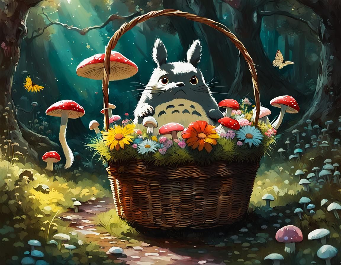 Totoro's Fantasy Flower Gathering: Detailed Polychromatic Ar...
