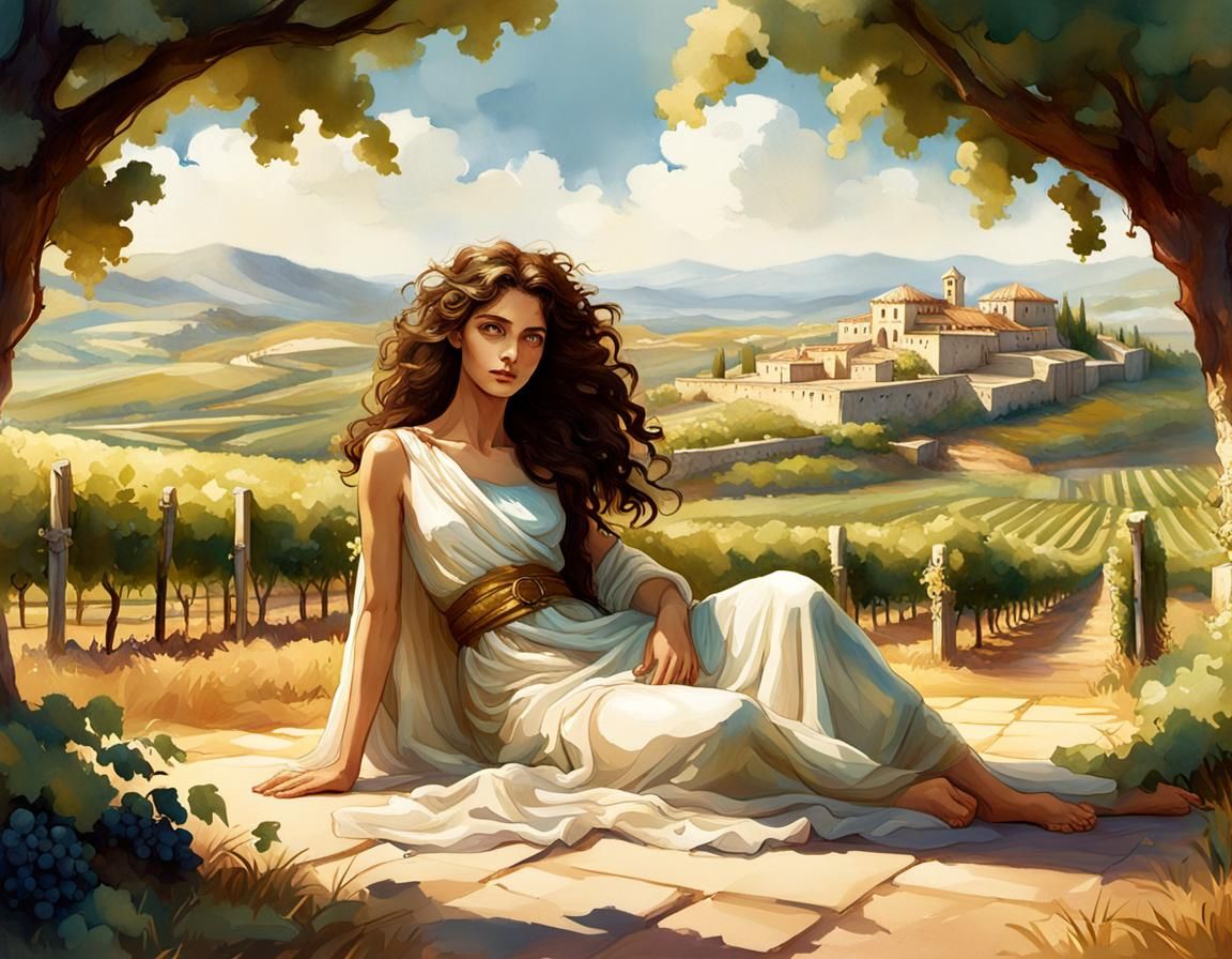 Greek Woman in Vineyard: DreamWorks Animation Watercolor