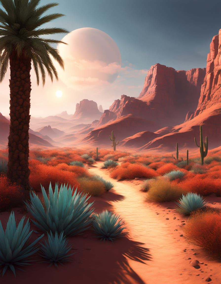 Lush Desert Path in Cinematic HDR Oil Painting