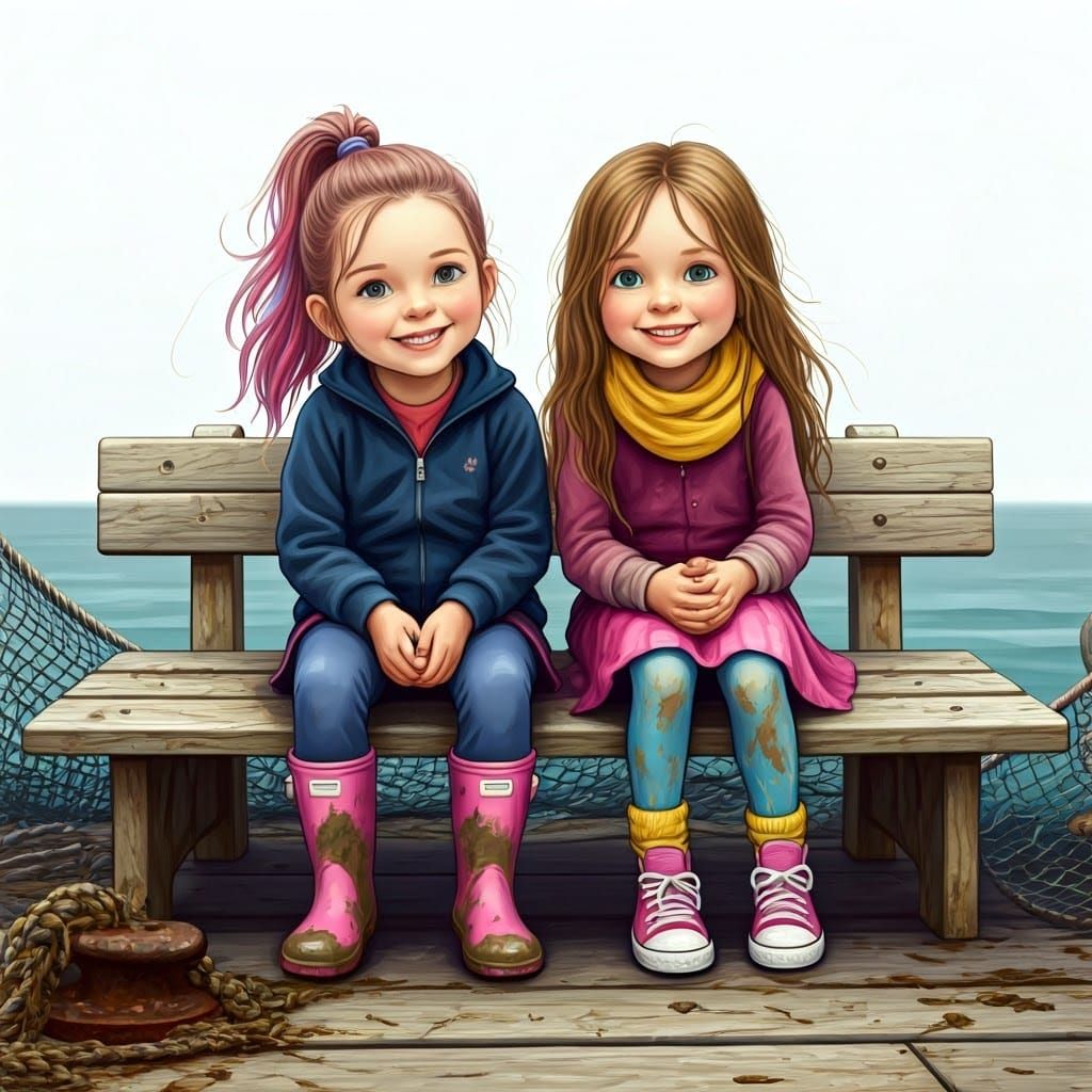 Sisters at the Harbor: A Whimsical Impressionist Scene
