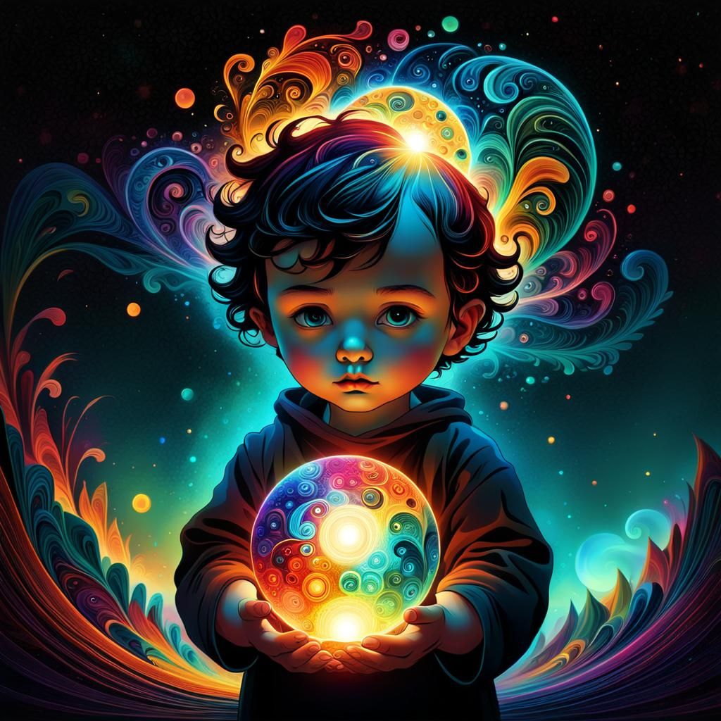 Toddler with Glowing Orb in Folk Surrealism