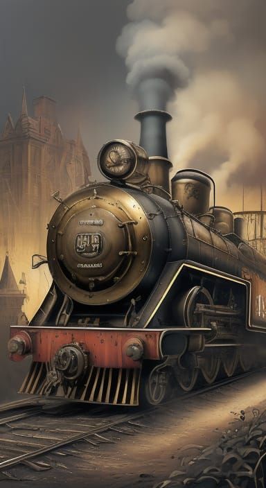 Steampunk Train Emerges from Open Book in Oil Painting Style