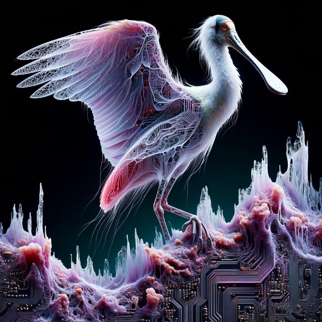 Ghostly Roseate Spoonbill Rising From Decaying Ice