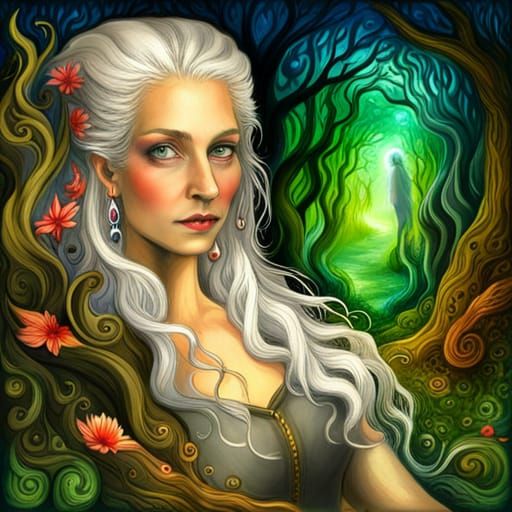 Ethereal Forest Lady with Silver Hair, Digital Art