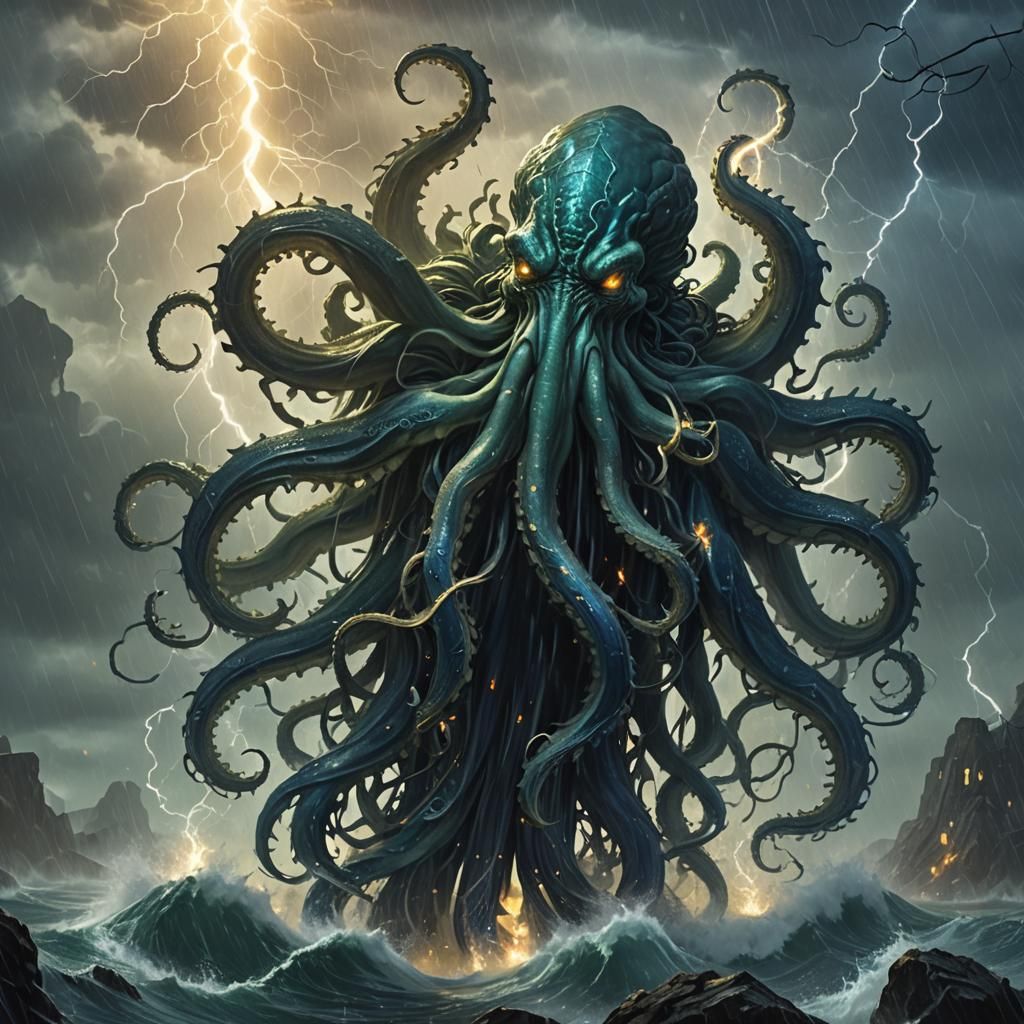 Cthulhu Emerges from Storm as Digital Art