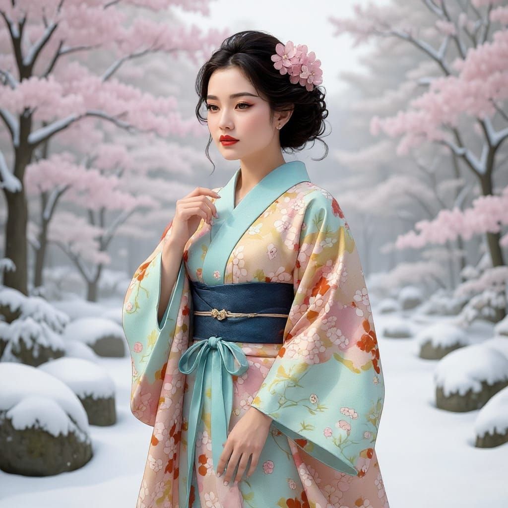Photorealistic Woman in Kimono in Winter Garden