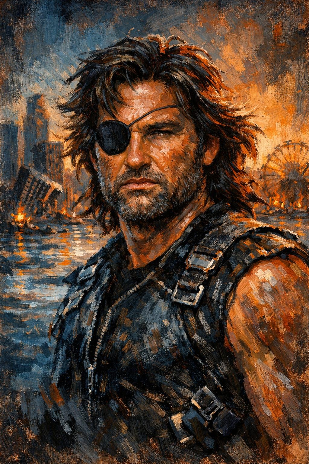 Gritty Portrait of Snake Plissken in Neon Smog