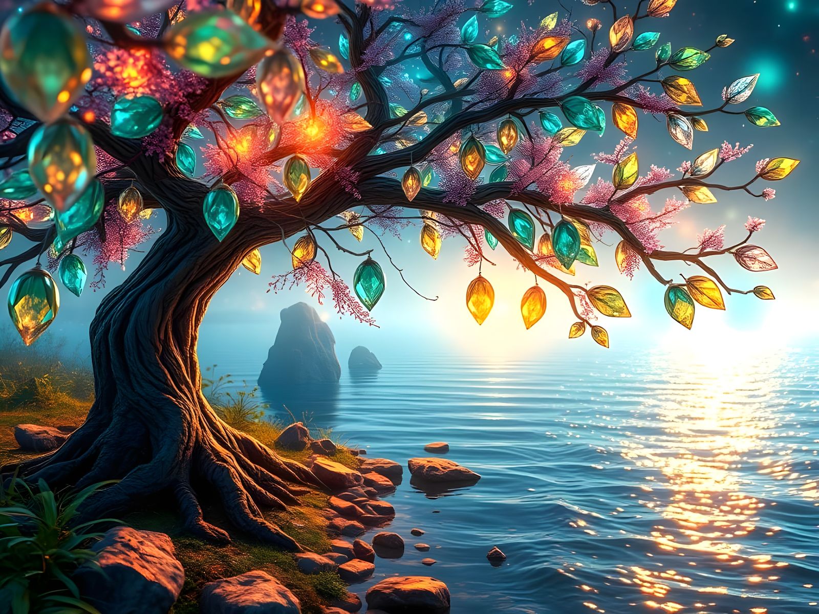 Surreal Crystal Tree Illuminates Shimmering River