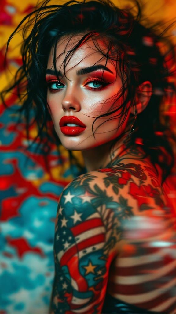 Patriotic Pin-Up in Motion: Seductive High-Fashion Portrait