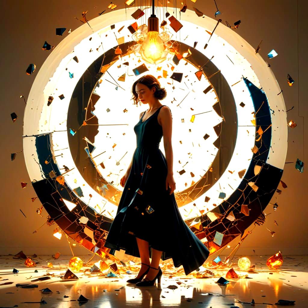 Girl Silhouette Amidst Broken Objects: Surreal Digital Art