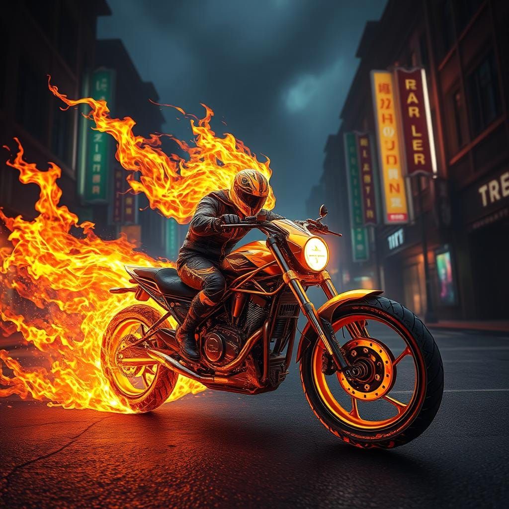 Ghost Rider on Flaming Bike in Dark Street
