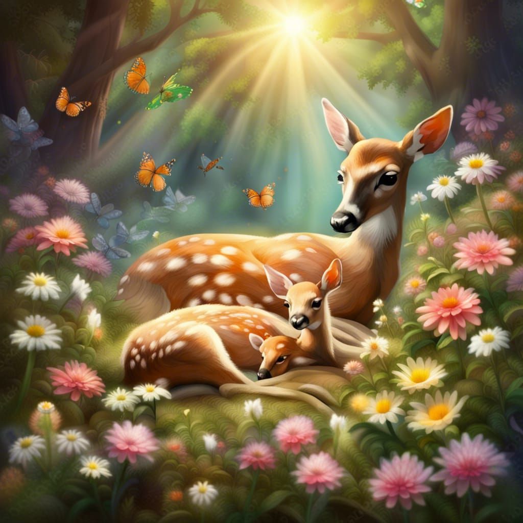 Sleeping Deer Family in Forest Meadow