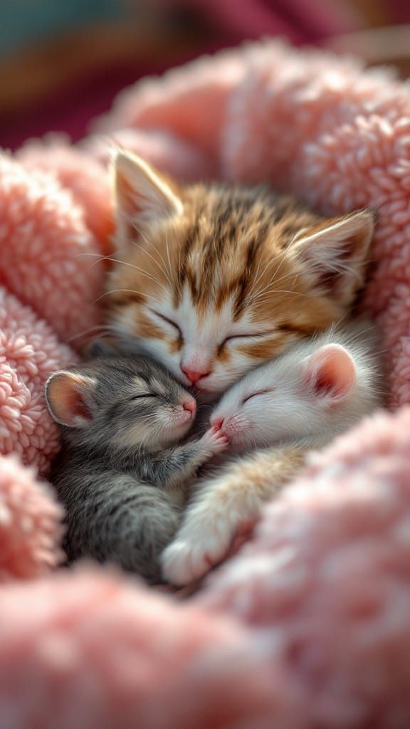 Cute Fluffy Friends Snuggle on Cozy Blanket in Hyperrealisti...