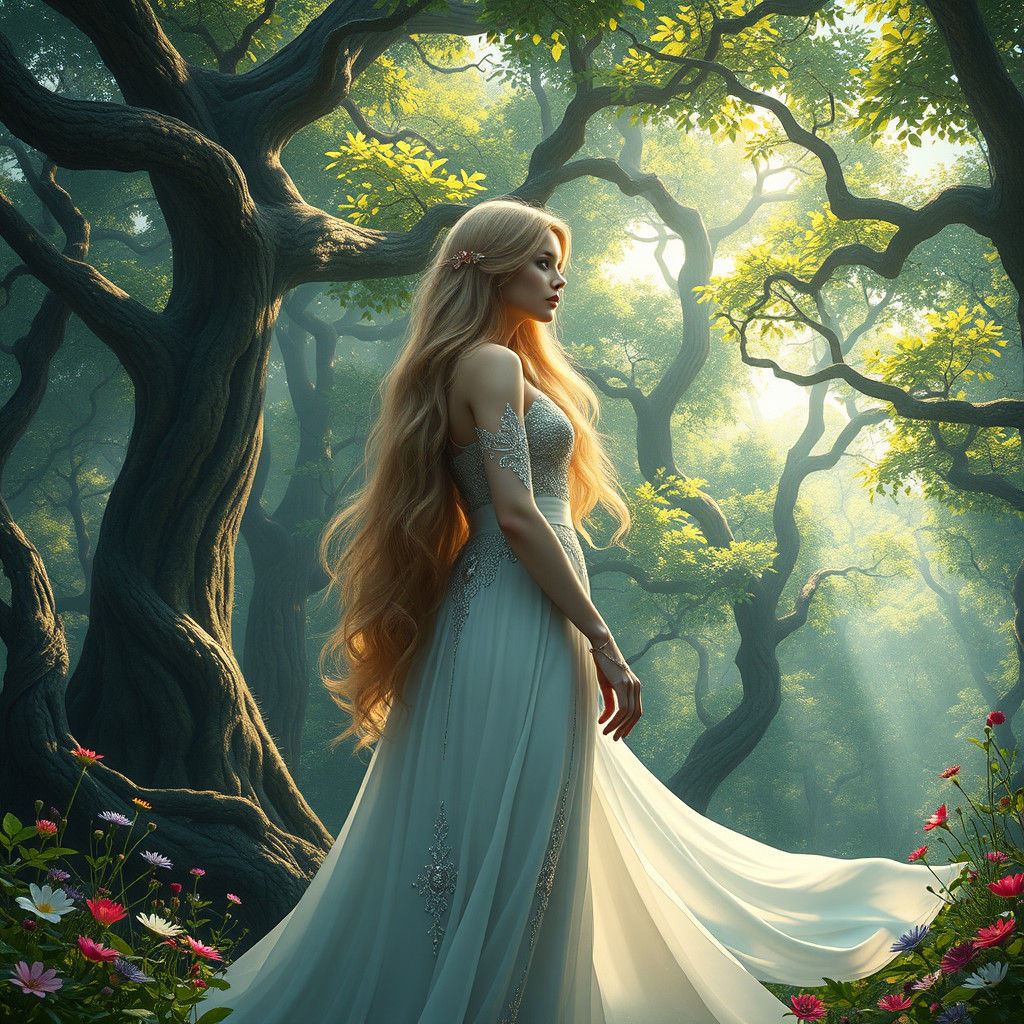 Goddess in Forest with Golden Locks