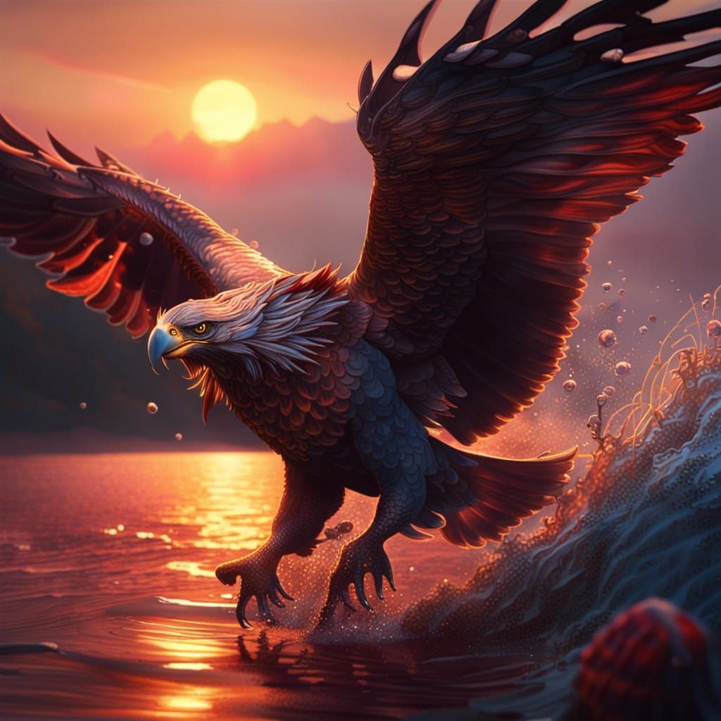 Giant Eagle Hunting at Sunset: Detailed Matte Painting