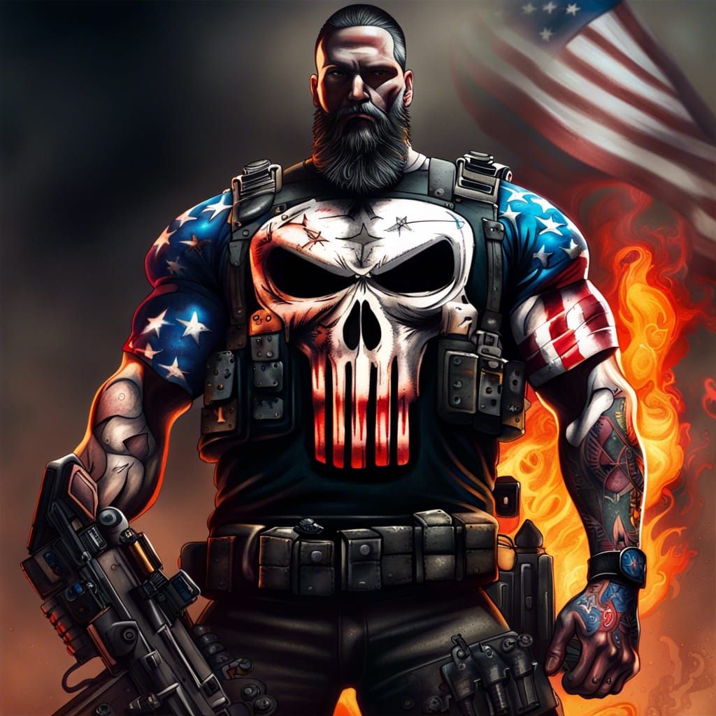 Hyperrealistic Patriot Punisher Mech with American Flag