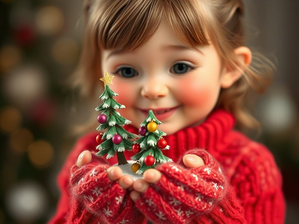 Little Girl Gently Holds a Delicate Clay Christmas Tree