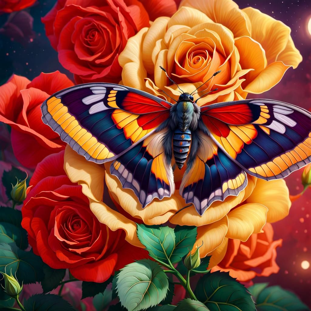 Moth on Rose in Gouache Watercolor Style