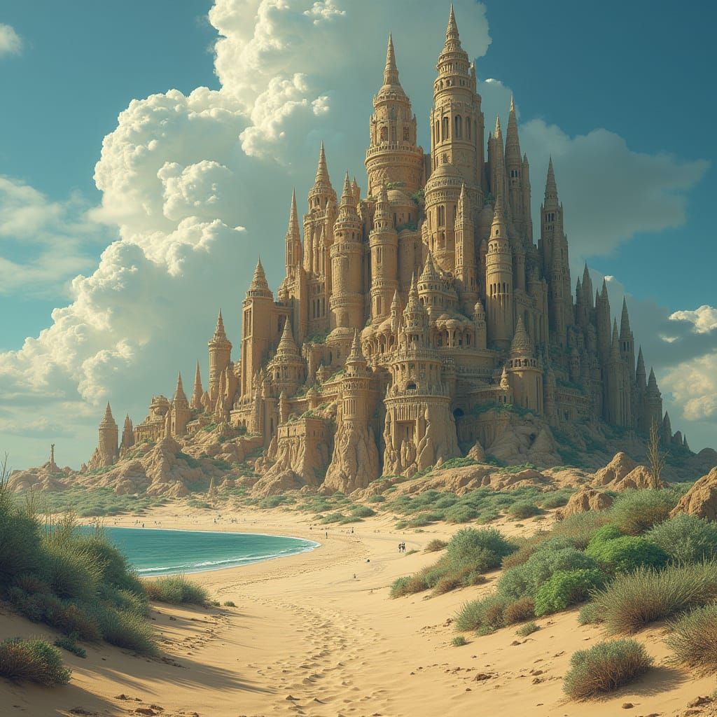Alien Beach Sandcastle City: Painterly, Hyperrealistic