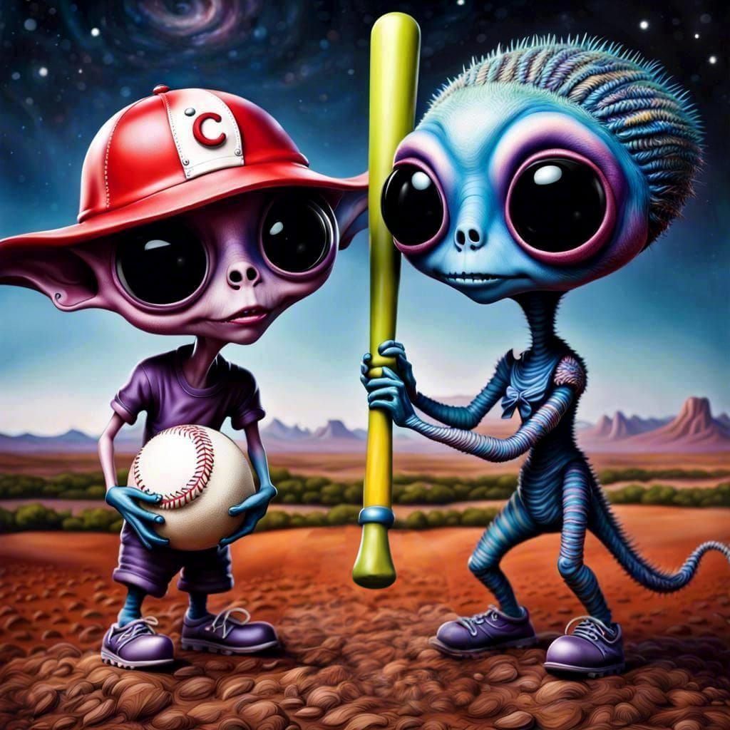 Aliens Play Baseball in Burtonesque Caricature