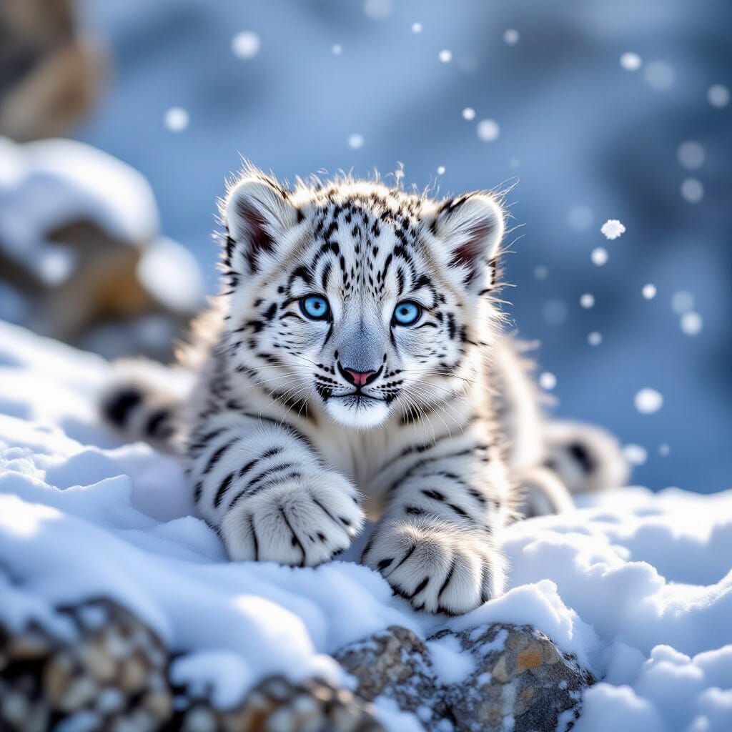 Playful Snow Leopard Cub in Fresh Snow