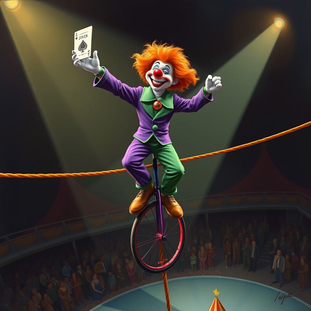 Vibrant Circus Clown Performs High-Above the Crowd