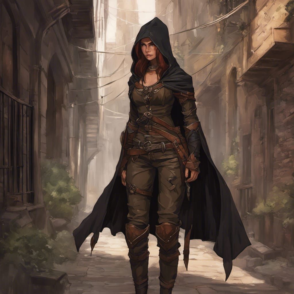 Half-Elf Rogue in Moonlit Alleyway, Detailed Fantasy Art