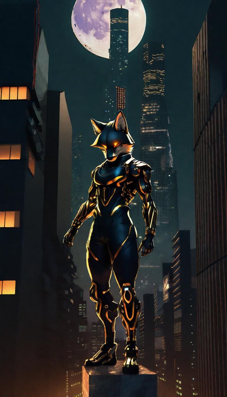 Cybernetic Fox Ninja on Skyscraper in Anime Style