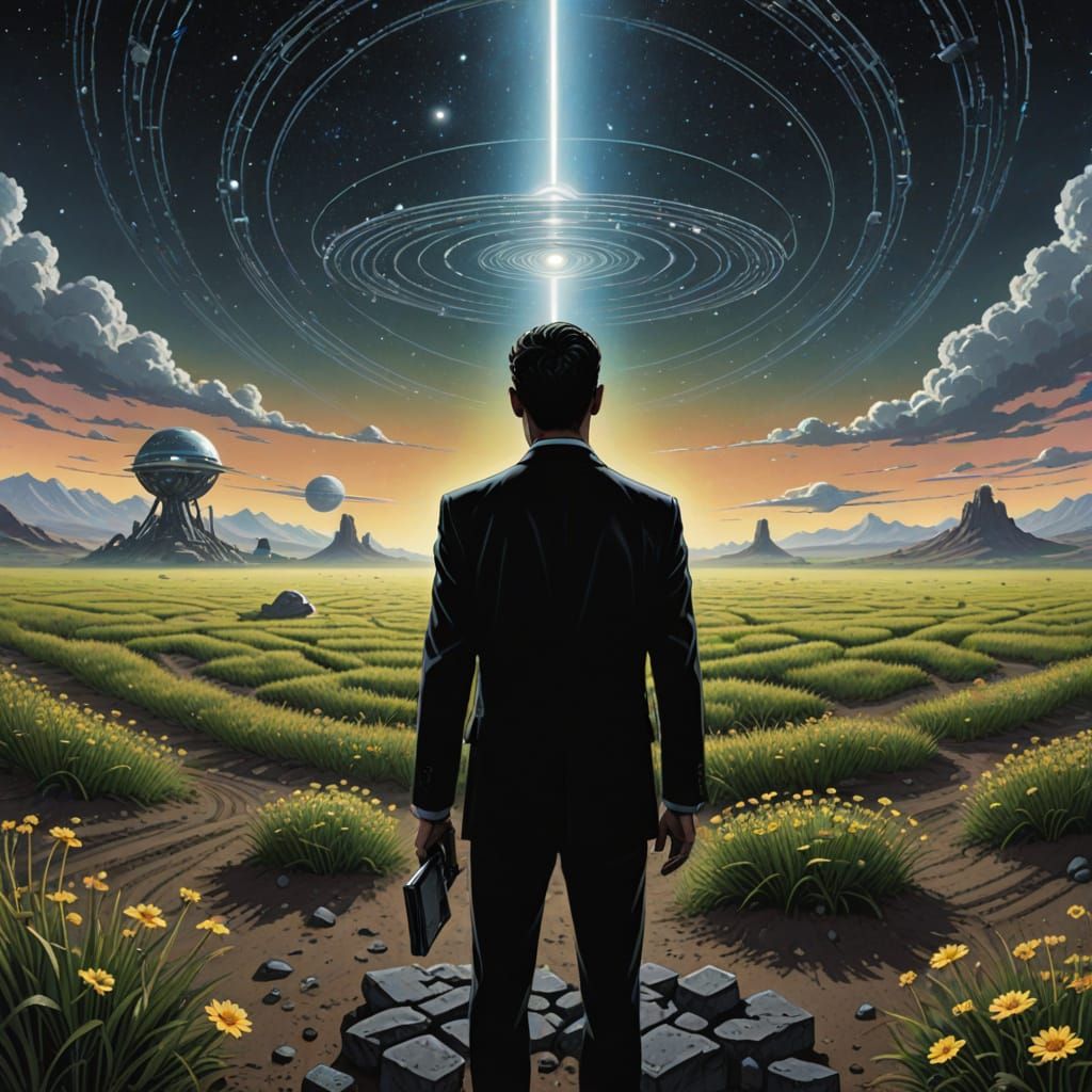 Men in Black Agent Meditates in Alien Crop Circle