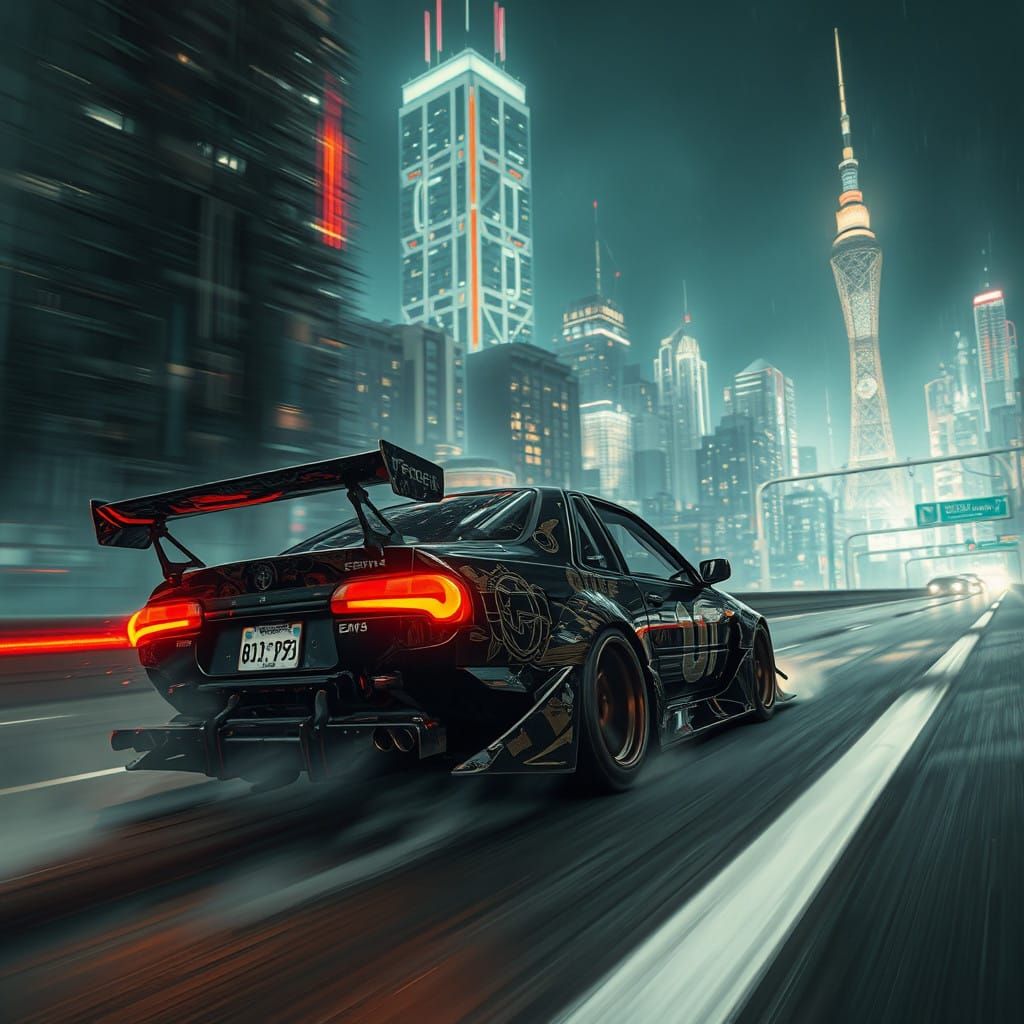 Cyberpunk Cityscape at Night in Retrofuturistic Style