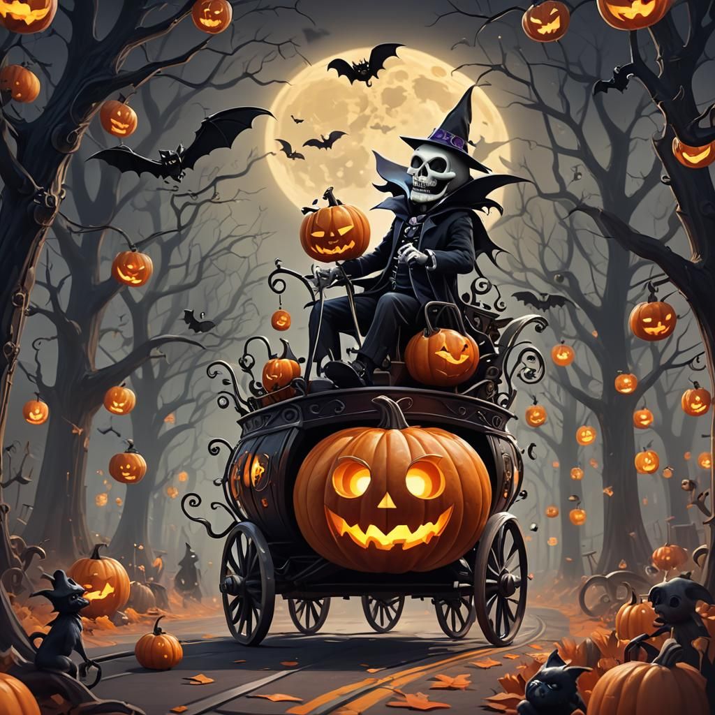 a whimsical illustration of jack skelington driving a magica...