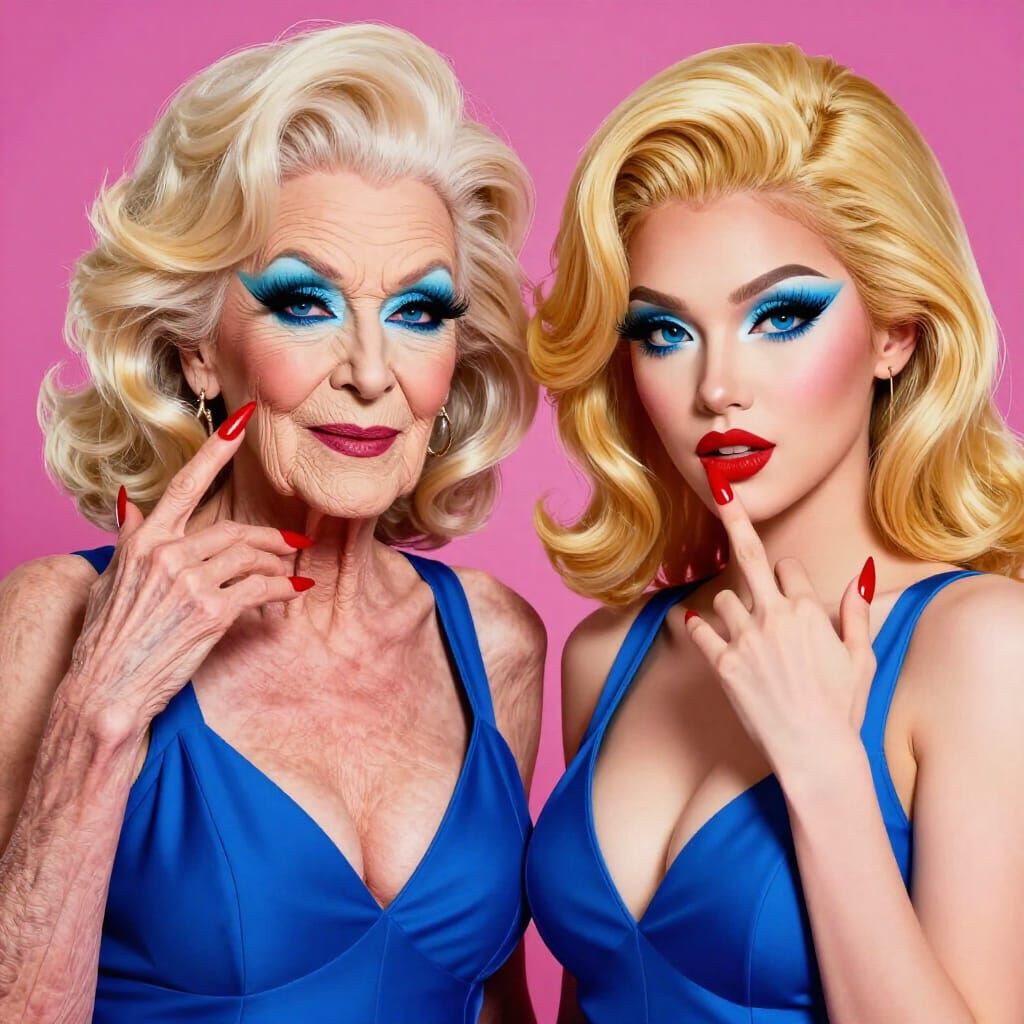 Pop Art Portrait of Two Women in Blue Dresses