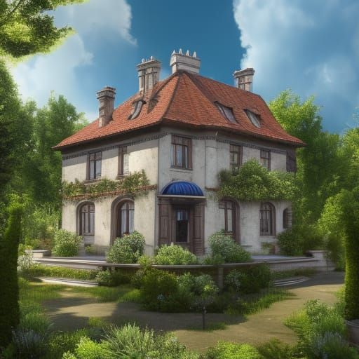 Beautiful Country House Facade with Garden, 3D Rendered