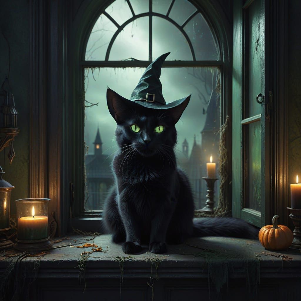 Black Cat in Witch Hat at Haunted Mansion Window